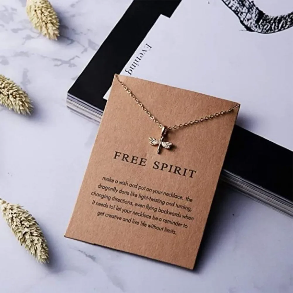 GOLD PLATED FREE SPIRIT DRAGONFLY PENDANT NECKLACE WITH INSPIRATIONAL CARD